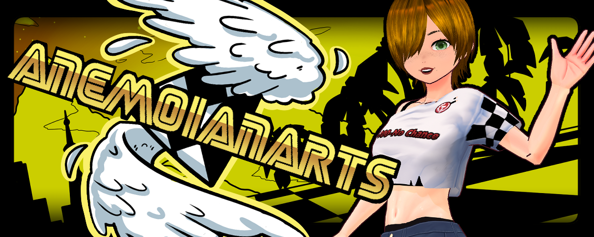 the anemoian arts Logo, a checkboard sheild with wings, next to angela, the avatar of anemoianarts.